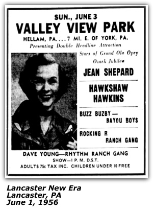 Promo Ad - Valley View Park - Buzz Buzby - Bayou Boys - Jean Shepard - Hawkshaw Hawkins - June 1956