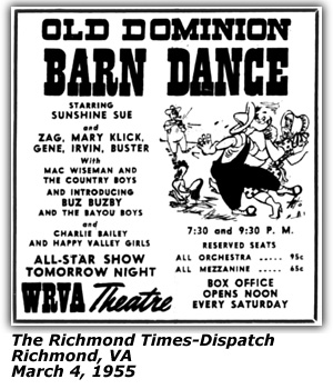 Promo Ad - Old Dominion Barn Dance - Buz Buzby (Buzz Busby) and the Bayou Boys - March 1955