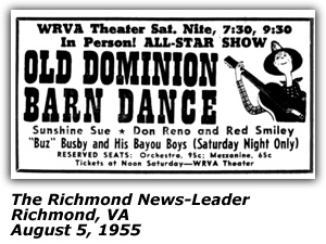 Promo Ad - Old Dominion Barn Dance - Buz Busby and his Bayou Boys - Aug 1955