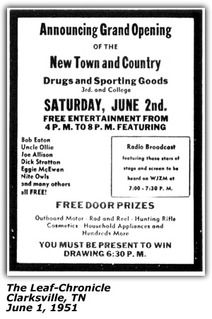 Promo Ad - Grand Opening New Town and Country Drugs and Sporting Goods - Bob Eaton - Uncle Ollie - Joe Allison - June 1951