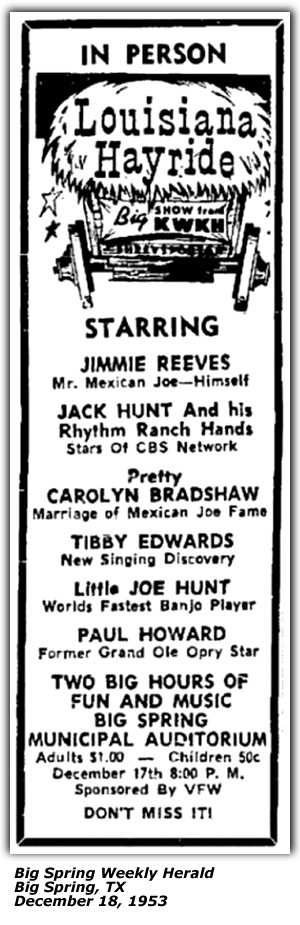 Promo Ad - Louisiana Hayride - KWKH - Jim Reeves - Jack Hunt - Carolyn Bradshaw - Tibby Edwards - Paul Howard - Big Spring Municipal Auditorium - Big Springs, TX - December 1953