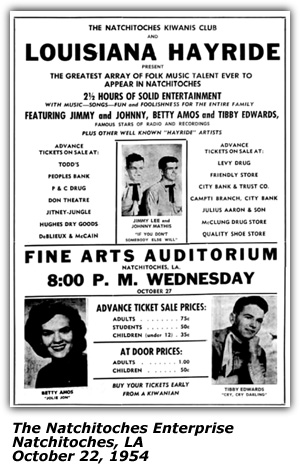 Promo Ad - Fine Arts Auditorium - Natchitoches, LA - Louisiana Hayride - Jimmy and Johnny - Betty Amos - Tibby Edwards - October 1954
