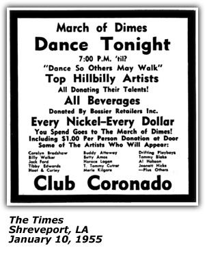 Promo Ad - March of Dimes Dance - Club Coronado - Shreveport, LA - Tibby Edwards - Carolyn Bradshaw - T. Tommy Cutrer - Betty Amos - Buddy Attaway - January 1955