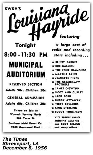 Promo Ad - KWKH Louisiana Hayride - Municipal Auditorium - Shreveport, LA - Benny Barnes - Bob Gallion - Martha Lynn - Tibby Edwards - Buddy Attaway - James O'Gwynn - Johnny Mathis - Eddy Noack - December 1956