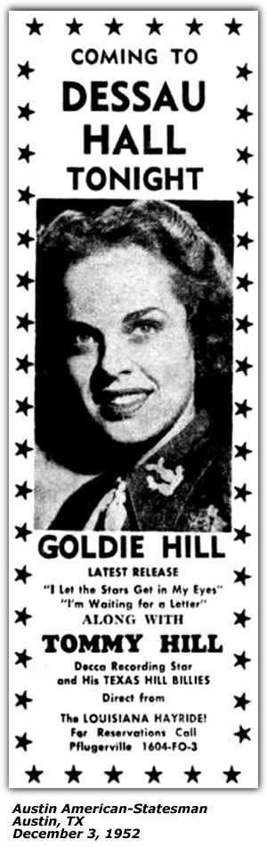 Promo Ad - Dessau Hall - Goldie Hill -  Tommy Hill - Texas Hillbillies - Austin, TX - December 1952