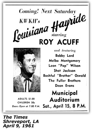 Promo Ad - Louisiana Hayride - Shreveport, LA - Roy Acuff - Melba Montgomery - Leon (Pap) Wilson - Shot Jackson - Brother Oswald - Fuller Brothers - Municipal Auditorium - APril 1961