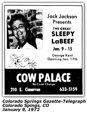 Promo Ad - Cow Palace - Colorado Springs CO - Sleepy LaBeef - 1972