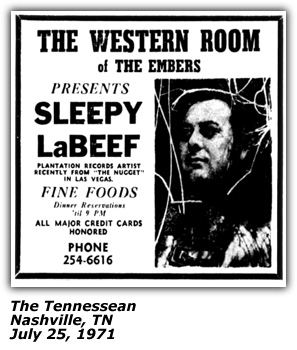 Promo Ad - Western Room of The Embers - Nashville TN - Sleepy LaBeef - 1971