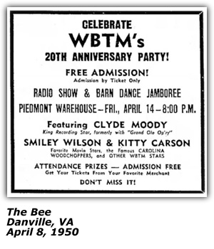 Promo Ad - Piedmont Warehouse - Danville, VA - WBTM 20th Anniversary Party - Clyde Moody - Smiley Wilson - Kitty Carson - April 1950