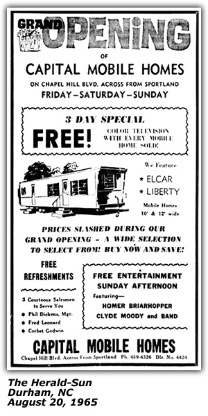 Promo Ad - Capital Mobile Homes - Durham, NC - Clyde Moody - Homer Briarhopper - August 1965