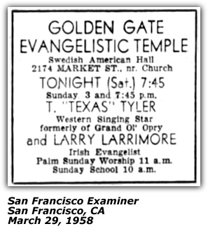 Promo Ad - Golden Gate Evangelistic Temple; San Francisco; T. Texas Tyler; 1958