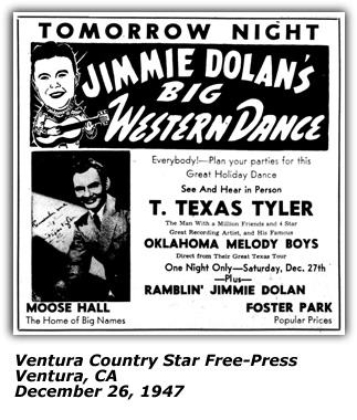 Promo Ad - Jimmie Dolan's Big Western Dance; T. Texas Tyler; Ventura CA; 1947