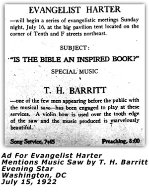 Promo Ad - Evangelist Harter - Musical Saw - T. H. Barritt Washington, DC - July 1922