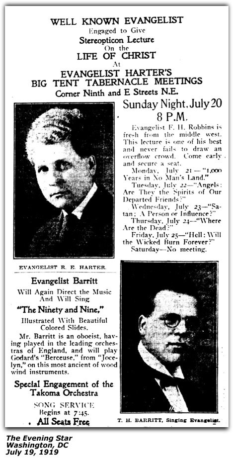 Promo Ad - Singing Evangelist T. H. Barritt - Washington, DC - July 1919