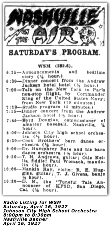 Radio Log - WSM - April 16, 1927