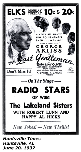 Promo Ad - Elks - Huntsville, AL - Lakeland Sisters - Robert Lunn - Happy Al Hicks - June 1937
