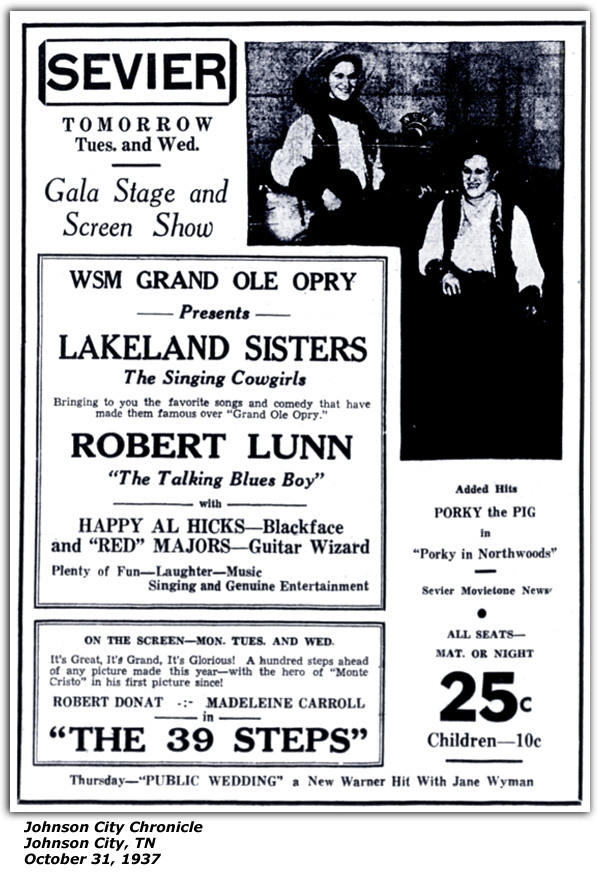 Promo Ad - Sevier Theatre - Johnson City, TN - Lakeland Sisters, The Singing Cowgirls - Robert Lunn - Happy Al Hicks - Red Majors - October 1937