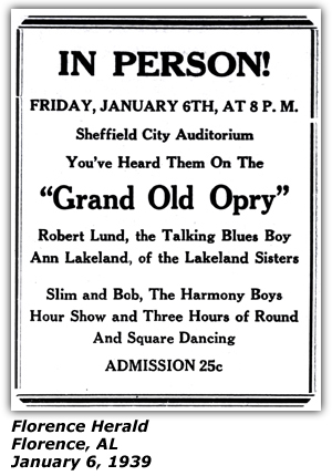 Promo Ad - Sheffield City Auditorium - Sheffield, AL - Robert Lunn - Ann Lakeland of Lakeland Sisters - Slim and Bob the Harmony Boys - January 1939