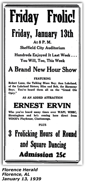 Promo Ad - Friday Frolic - Sheffield City Auditorium - Robert Lunn - Ann Lakeland of Lakeland Sisters  - Slim and Bob, the Harmony Boys - January 1939