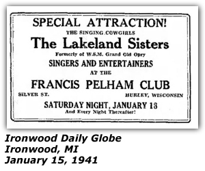 Promo Ad - Francis Pelham Club - Hurley, WI - Lakeland Sisters - January 1941