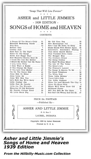 Asher Sizemore and Little Jimmie's Songs of Home and Heaven - 1939 Edition - Folio Table of Contents