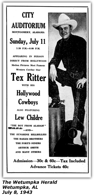 Promo Ad - City Auditorium - Tex Ritter - Lew Childre - Sunshine Hillbillies - Bailes Brothers - Arthur Smith - Wetumpka, AL - July 1943