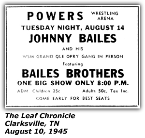Promo Ad - Powers Wrestling Arena - Clarksville, TN - Johnny Bailes - August 1945