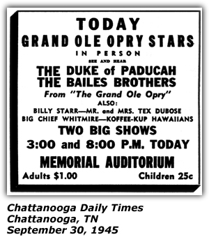 Promo Ad - Memorial Auditorium - Chattanooga, TN - Duke of Paducah - Bailes Brothers - Billy Strr - Big Chief Whitmire - Koffee-Kup Hawaiians - Tex Dubose - September 1945