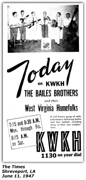 Promo Ad - KWKH Radio Ad - The Bailes Brothers and their West Virginia Homefolks - Shreveport, LA - June 11, 1947