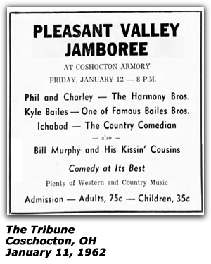 Promo Ad - Pleasant Valley Jamboree - Coshocton, OH - Harmony Brothers - Kyle Bailes - Ichabod - Bill Murphy and his Kisin' Cousins - January 1962