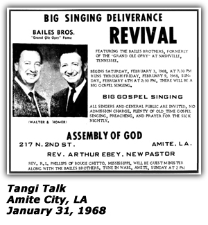 Promo Ad - Big Singing Delieverance Revival - Assembly of God - Bailes Brothers - Amite City, LA - January 1968
