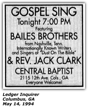 Promo Ad - Gospel Sing - Bailes Brothers - Central Baptist - Columbus, GA - May 1994