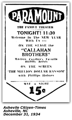 Promo Ad - Paramount Theater - Asheville, NC - Callahan Brothers - December 1934