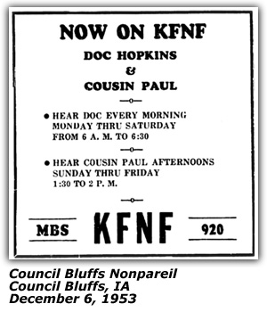 Promo Ad - KFNF - Council Bluffs, IA - Doc Hopkins - Cousin Paul - December 1953