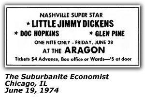 Promo Ad - Aragon Ballroom - Chicago, IL - Little Jimmy Dickens - Doc Hopkins - Glen Pine - June 1974