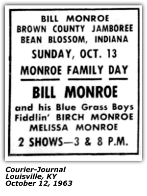 Promo Ad - Brown County Jamboree - Bean Blossom, IN - Bill Monroe; Birch Monroe; Melissa Monroe - October 1963