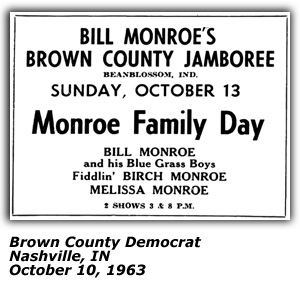 Promo Ad - Brown County Jamboree - Bean Blossom, IN - Monroe Family Day - Bill Monroe; Birch Monroe; Melissa Monroe - October 1963
