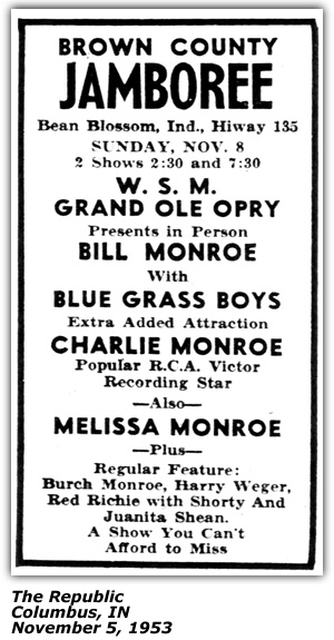 Promo Ad - Brown County Jamboree - Bean Blossom, IN - Bill Monroe; Charlie Monroe; Melissa Monroe - November 1953