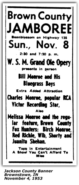 Promo Ad - Brown County Jamboree - Bean Blossom, IN - Bill Monroe; Charlie Monroe; Melissa Monroe; Red Richie; Shorty and Juanita Shehan - November 1953