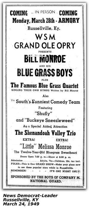 Promo Ad - Russellville, KY - Bill Monroe; Shufly; Buckeye Sneezlewee; Shenandoah Valley Trio; Little Melissa Monroe; March 1949