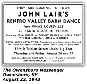Promo Ad - John Lair's Renfro Valley Barn Dance - Owensboro, KY - WHAS - Slim Miller - Granny Harper - Molly O'Day - The Blue Mountain Girls - August 1943