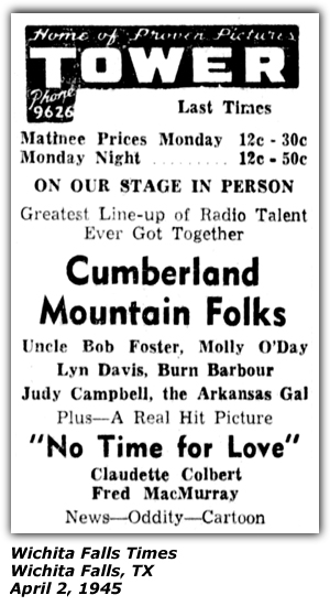 Promo Ad - Tower Theater - Wichita Falls, TX - Cumberland Mountain Folks - Uncle Bob Foster - Molly O'Day - Lynn Davis - Burn Barbour - Judy Campbell, the Arkansas Gal - April 1945