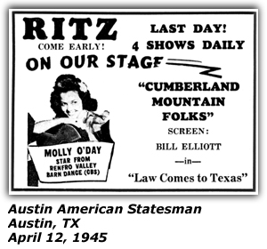 Promo Ad - Ritz - Austin, TX - Cumberland Mountain Folks - Molly O'Day - Austin, TX - April 1945