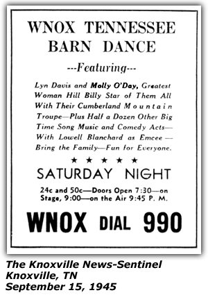 Promo Ad - WNOX Tennessee Barn Dance - Knoxville, TN - Lyn Davis - Molly O'Day - Lowell Blanchard - September 1945