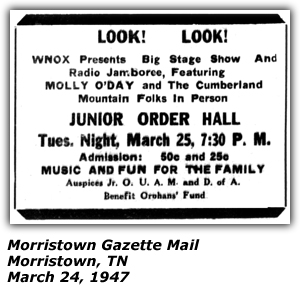 Promo Ad - WNOX - Junior Order Hall - Morristown, TN - Molly O'Day and the Cumberland Mountain Folks - March 1947