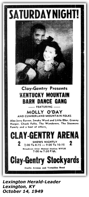 Promo Ad - Kentucky Mountain Barn Dance - Molly O'Day and Cumberland Mountain Folks - Jerry - Smoky Ward and Little Eller - Granny Harper - The Wanderers - The Sizemore Family - Chuck Fallis - Jerry Barron - October 1949