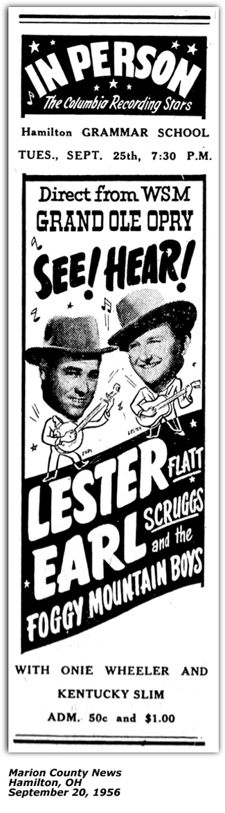 Promo Ad - Flatt and Scruggs Show with Onie Wheeler - Mamilton OH - September 1956