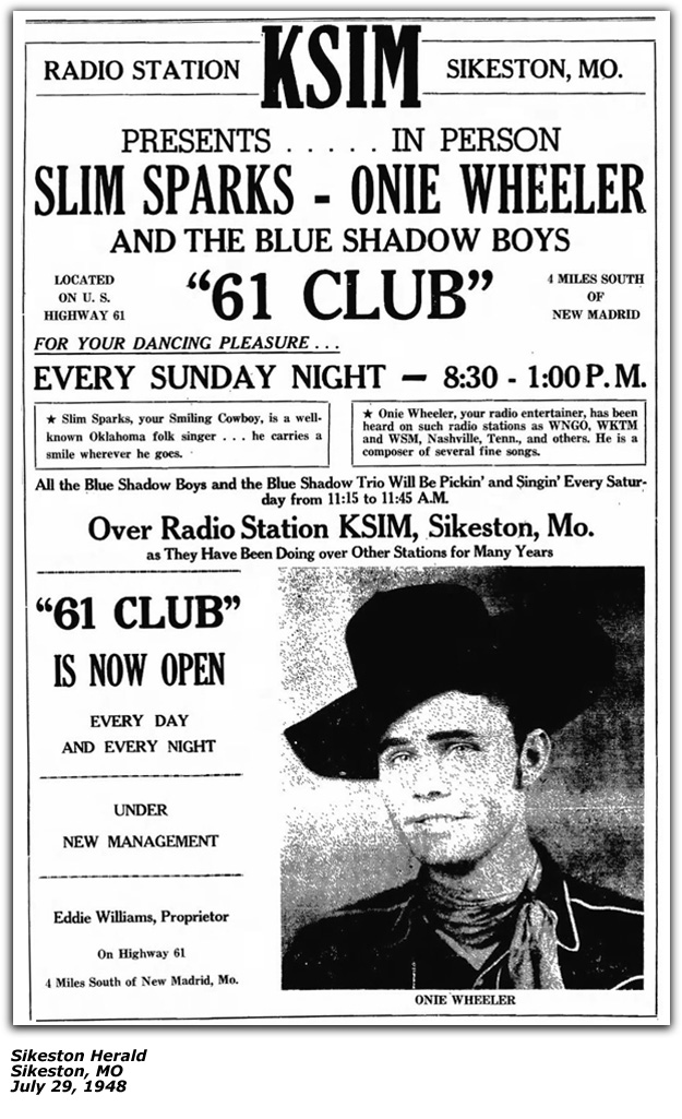 Promo Ad - KSIM - Sikeston MO - Onie Wheeler and Blue Shadow Boys - 1948