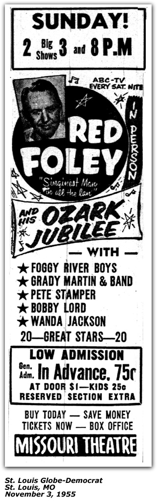 Promo Ad - Missouri Theatre - St. Louis, MO - Red Foley - Pete Stamper - November 1955
