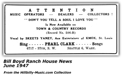 Promo Ad - Town and Country Records - Skeets Yaney - June 1947